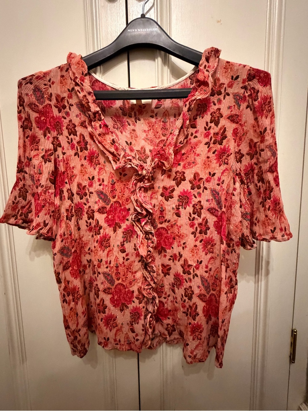 Sezane Pink Floral Ruffle Button Blouse